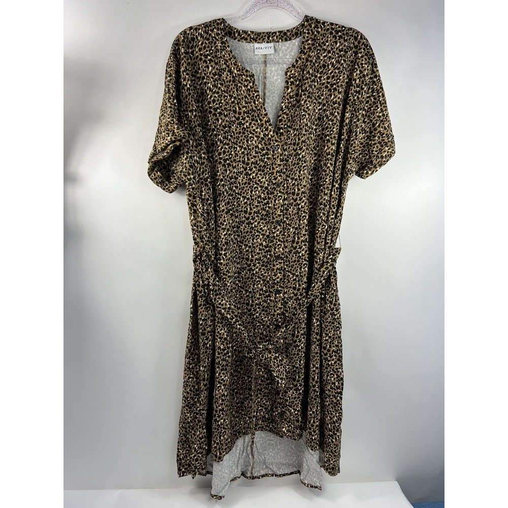Ava & Viv Leopard‎ Print Button Front High-Low Midi Dress Tan Black Short Sleeve